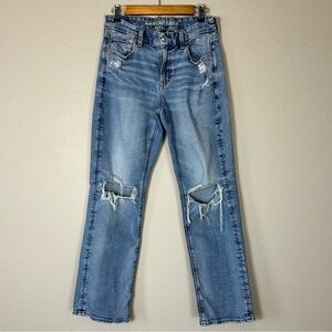 American Eagle Outfitters Women's Blue Distressed Jeans Curvy Straight 8 Regular